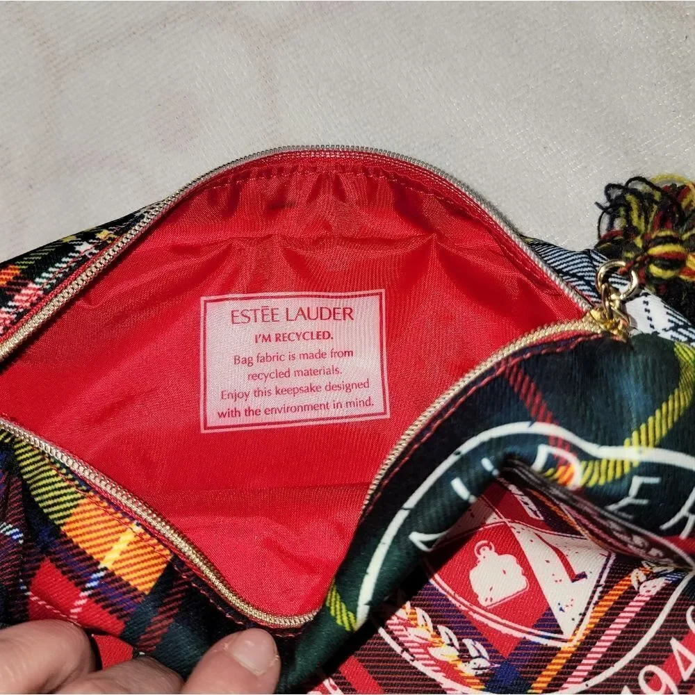 Estee Lauder Plaid Tartan Cosmetic Zipper Make Up Bag with Tassle & Big Logo